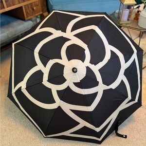 CHANEL Black Camelia Umbrella with Quilted Pouch and Silver Chain
